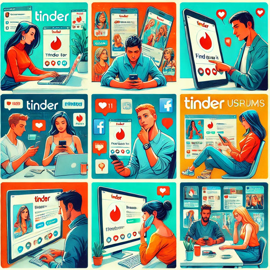 Collage-of-six-scenes-with-men-and-women-using-technology-to-check-Tinder-usage:-creating-profiles,-swiping-on-phones,-checking-notifications,-browsing-social-media,-researching-on-computers,-and-discussing-app-use